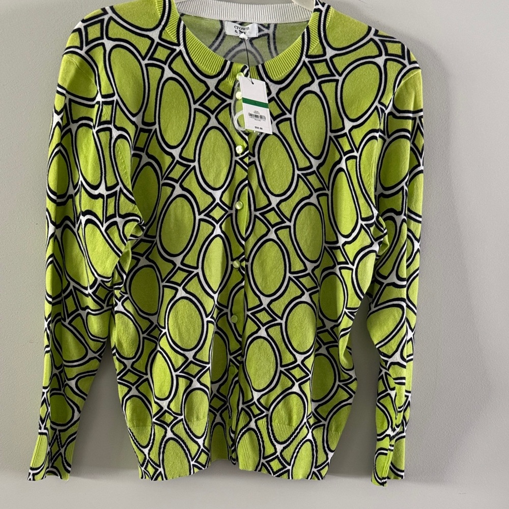Lafayette 148 New York Lime Green Geometric Print Cardigan